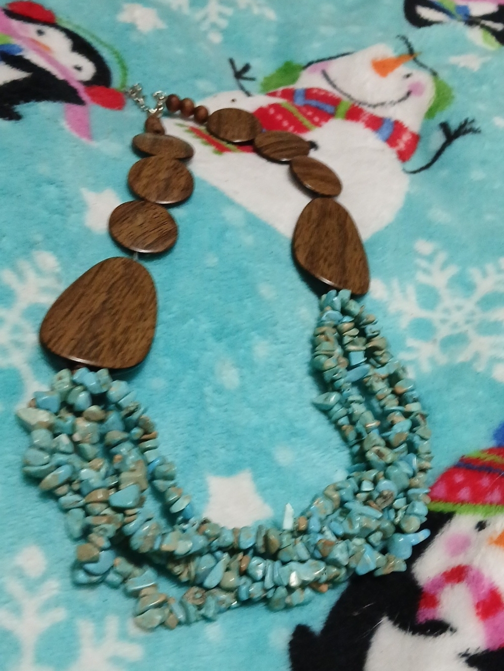 VTG Chico’s Turquoise Statement Necklace with Wood Accents for Women